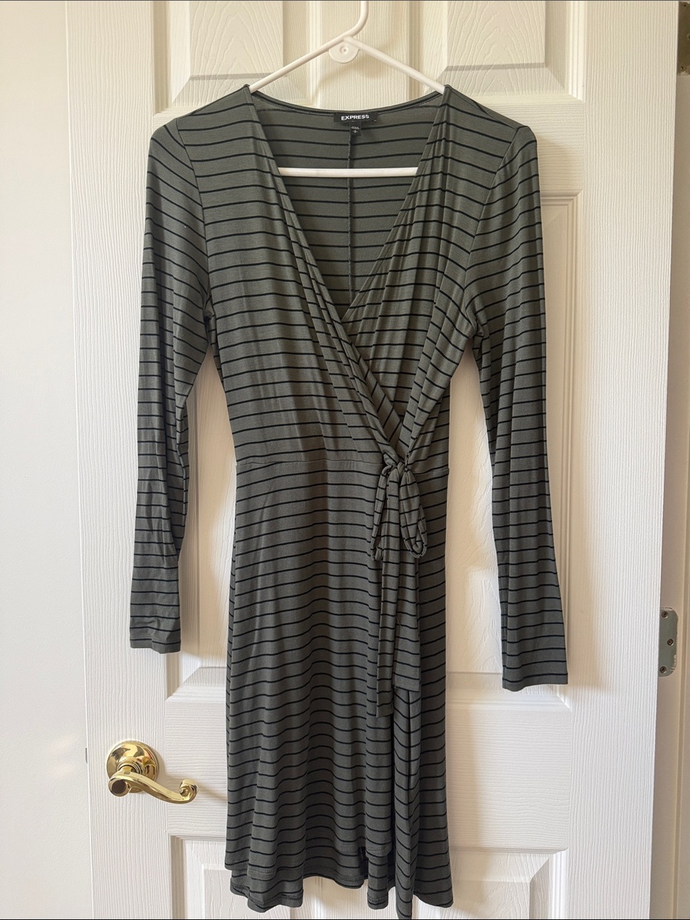 Express Olive Green & Black Striped Long Sleeve Wrap-Style Dress